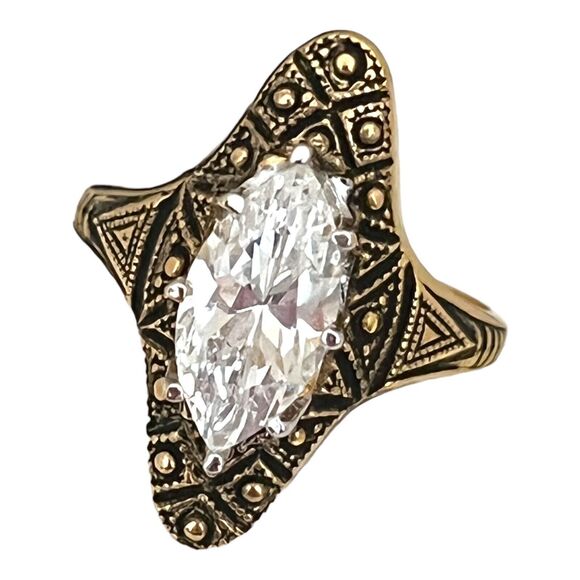 Vintage 18KT Ring Size 7 Gold Plate Marquis Cut Mid-Century Art Deco Style 4Q - Picture 3 of 5